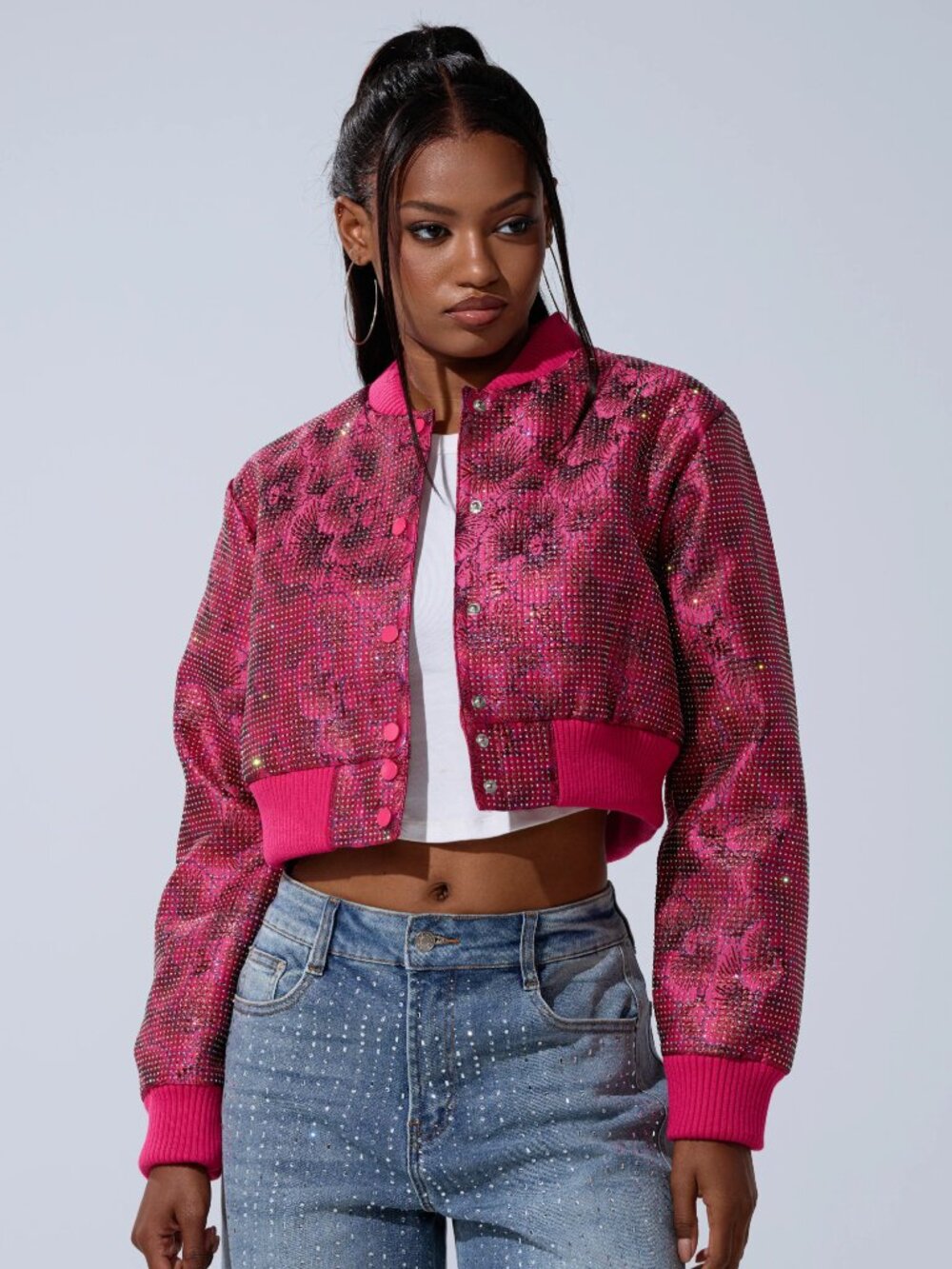 WOW AKIRA Vibrant Pink Fleur Rhinestone Cropped Brocade Bomber Jacket